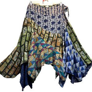 NWT~ FUNKY STUFF~Artsy Boho Patch Asymmetrical Rayon Twill SKIRT~XLarge